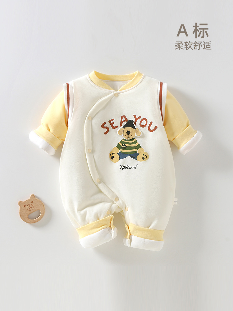 新生婴儿衣服纯棉包屁衣a类偏开加厚秋冬款无骨初生宝宝连体衣