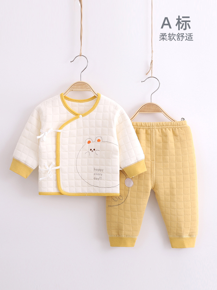 新生儿衣服秋冬保暖款初生宝宝夹棉贴身睡衣婴儿和尚纯棉分体套装
