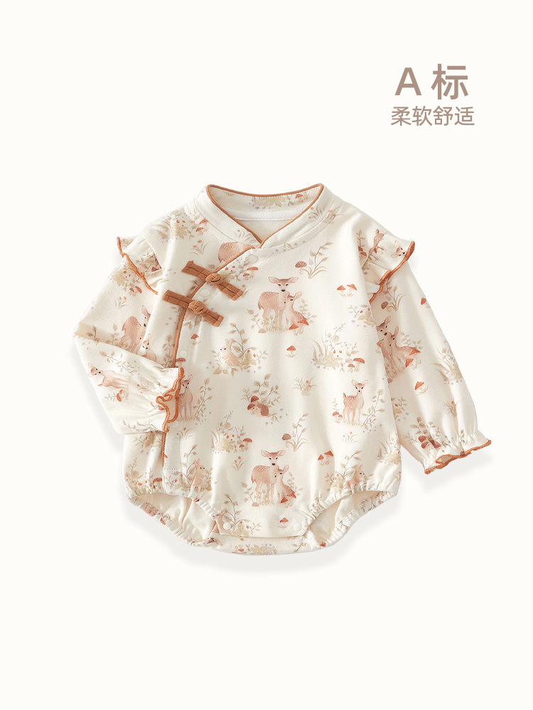 婴儿连体衣纯棉春秋款女宝宝国潮韩版四季衣服新生儿月子服包屁衣
