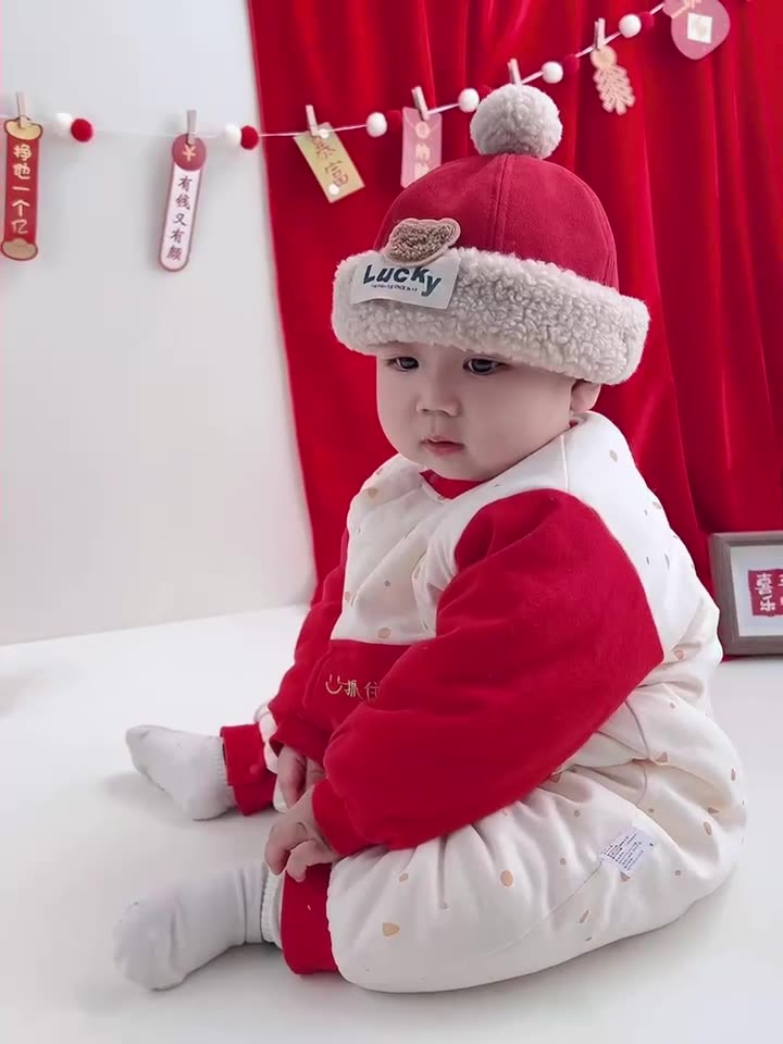 婴儿新年套装红色拜年衣服分体两件套加厚棉宝宝外出棉服周岁冬季