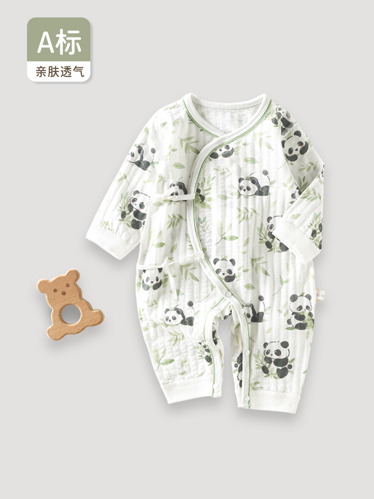 婴儿连体衣夏季薄款双层护肚长袖空调服新生儿蝴蝶衣初生和尚哈衣