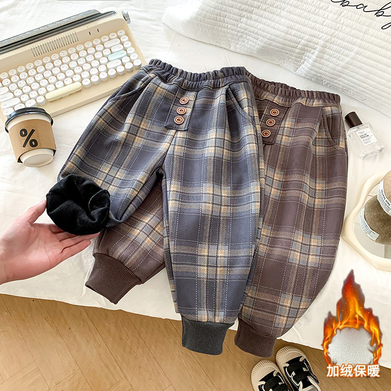 男女童加绒秋冬格子2025新款裤子儿童装一体绒小童百搭外穿长裤潮