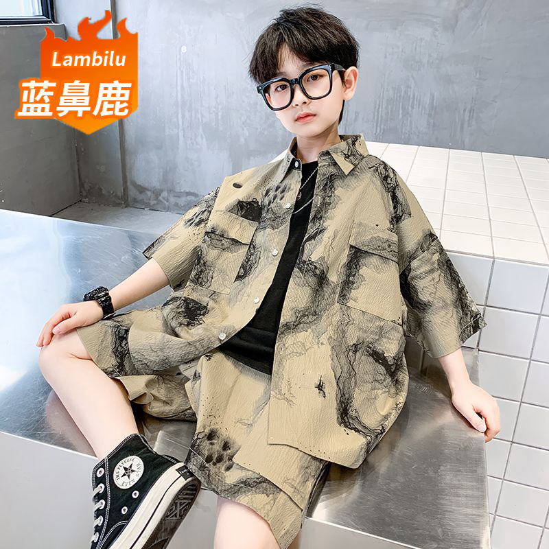 男童夏季短袖套装2025新款儿童帅气炸街中大童休闲衬衫两件套潮衣