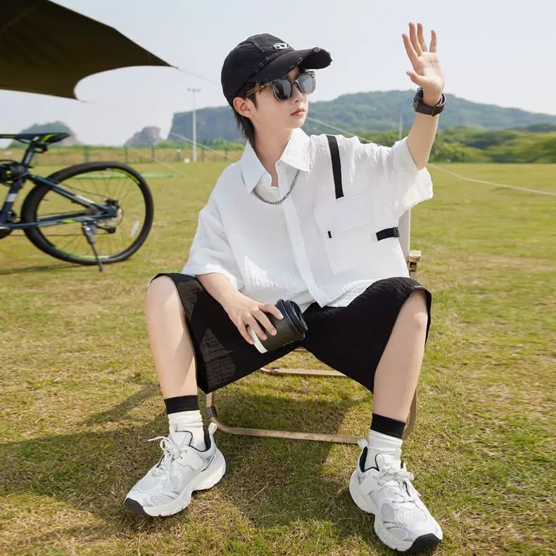 男童夏装套装2025新款儿童夏季薄款短袖衬衫中大童夏款洋气男孩潮