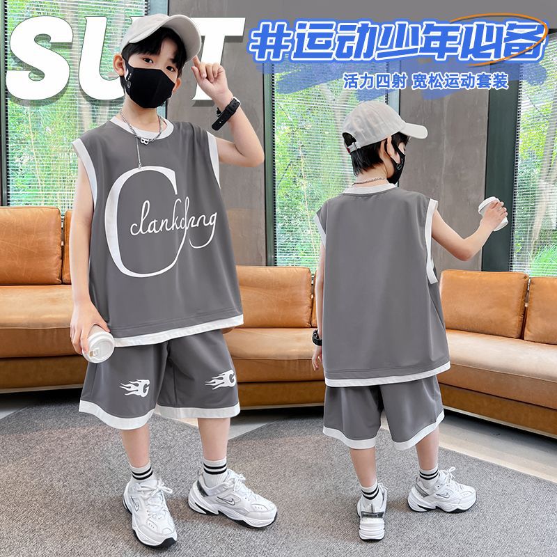 男童夏季无袖套装2025新款时尚儿童运动背心套装夏季潮童两件套帅