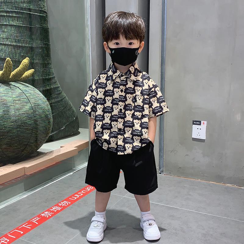 男童夏季短袖小熊衬衫套装洋气2025新款儿童夏装炸街两件套衬衣潮
