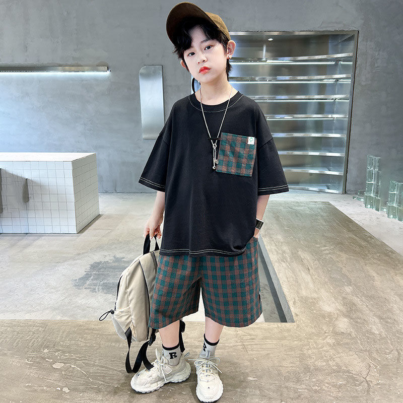 男童夏装套装2025新款短袖短裤格子裤时尚洋气韩版字母休闲两件套