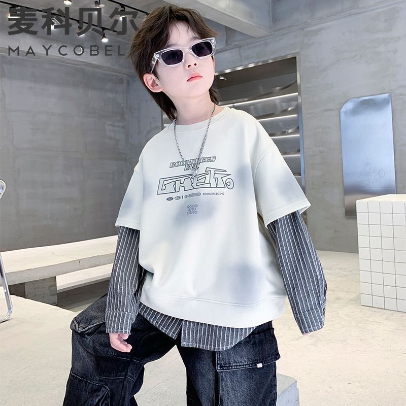 儿童装男童潮牌假两件卫衣春秋款2025新款中大童男孩上衣