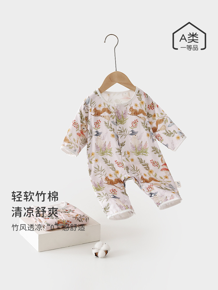 宝宝夏季长袖连体衣新生儿夏款纱布空调服婴幼儿无骨哈衣爬服薄款