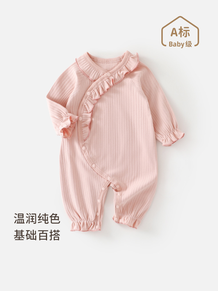婴儿连体衣春秋款衣服花边领长袖纯棉新生婴幼儿女宝宝外出服春装