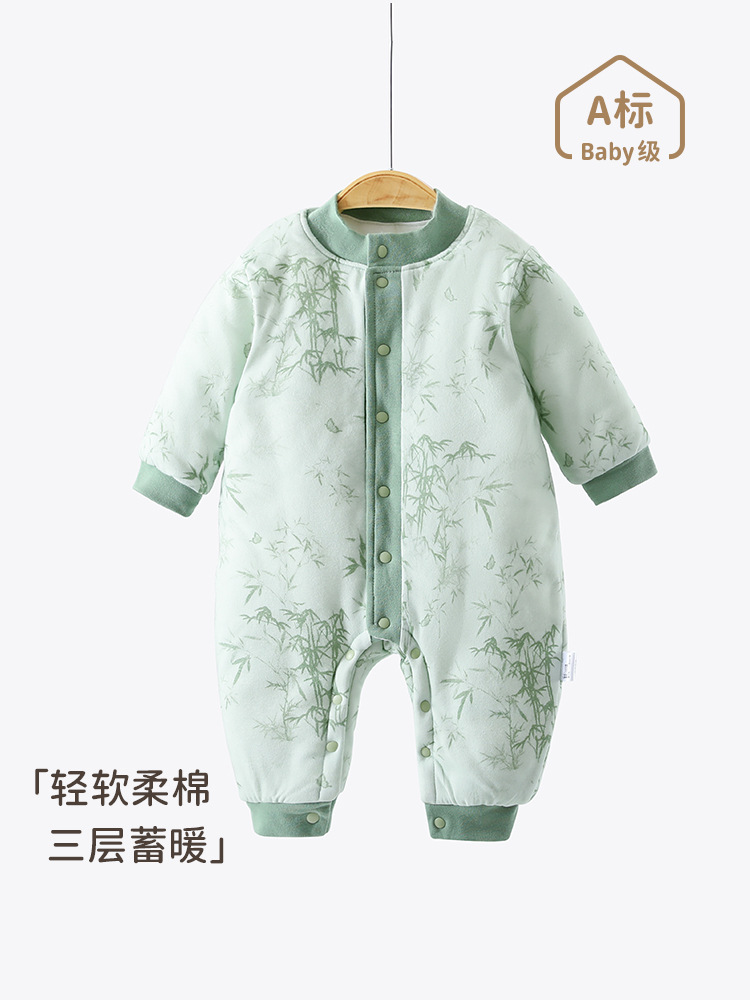 婴儿夹棉连体衣秋冬季加厚男女宝宝三层保暖新生儿卡通爬爬服哈衣