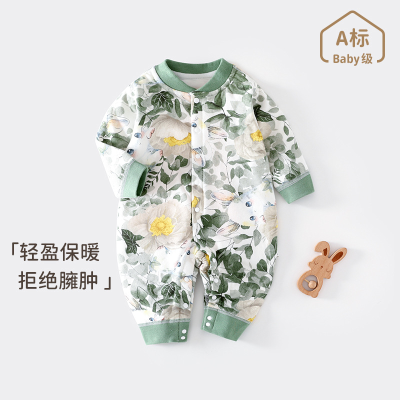 冬季新生儿宝宝夹棉连体衣薄棉新款儿童外出冬装婴儿加厚保暖哈衣