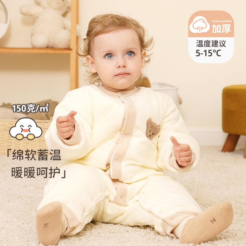 婴儿连体衣秋冬装宝宝外出加厚保暖摇粒绒爬服新生儿哈衣小熊款