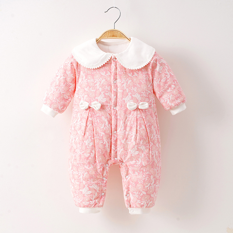婴儿棉衣连体衣秋冬季女宝翻领夹棉衣服新生儿加厚棉保暖哈衣爬服