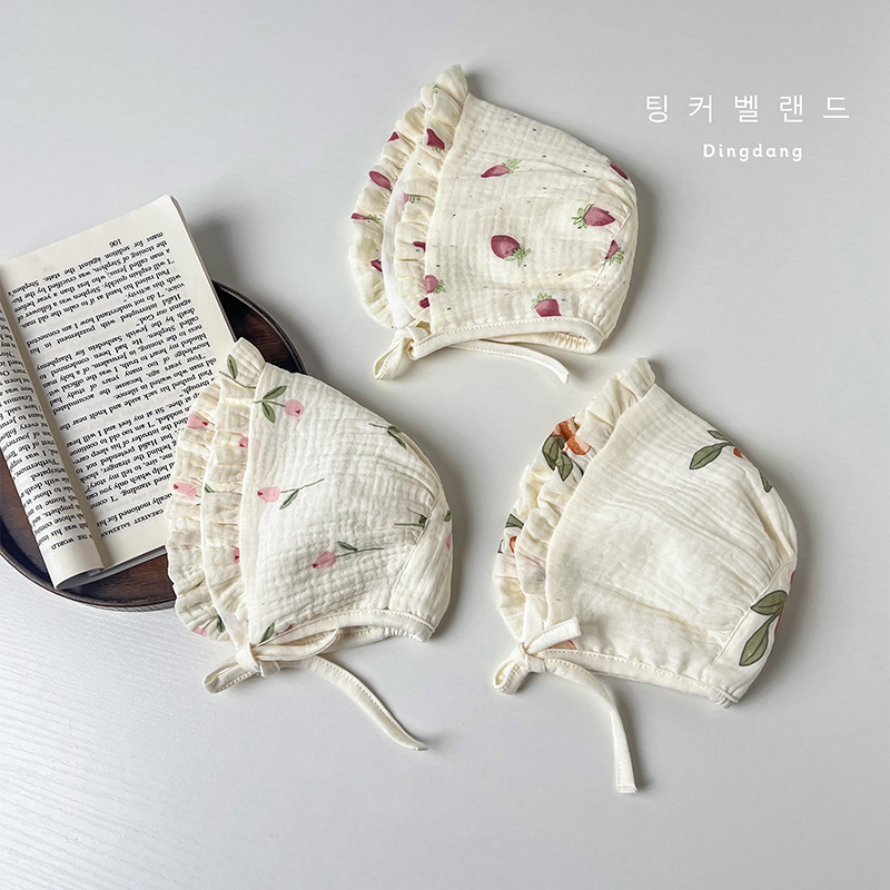 软萌可爱韩系ins风宫廷帽婴儿胎帽春秋男女宝宝纱布护耳包头帽子