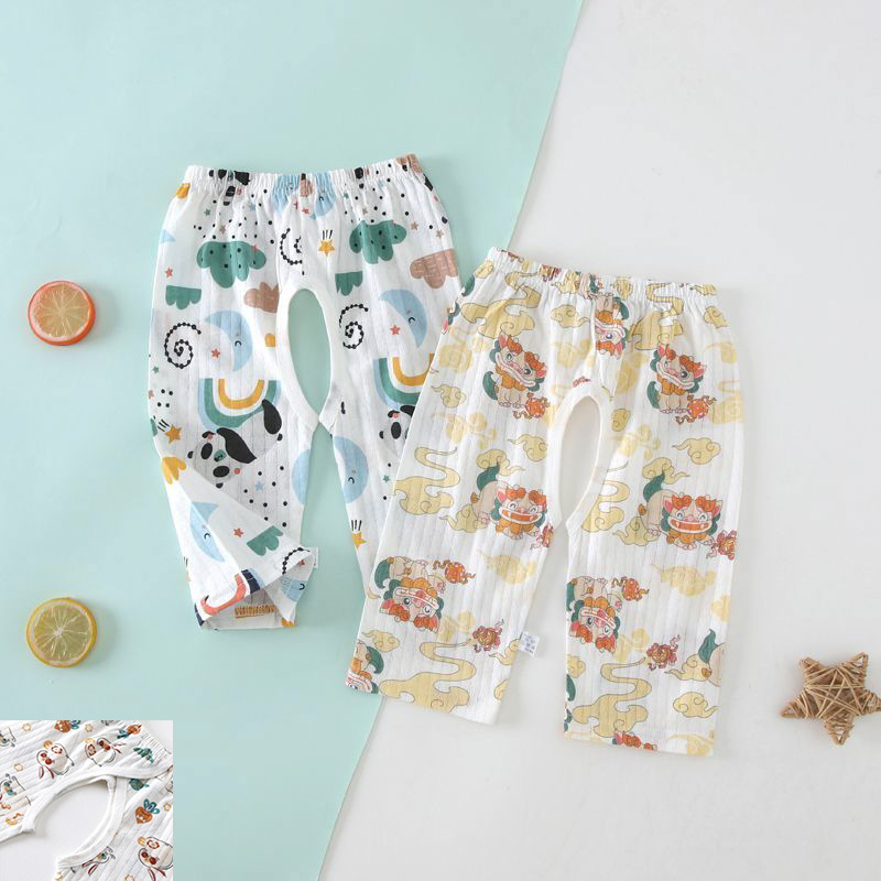 婴儿纯棉薄款交叉裆开裆裤宝宝男女童外穿七分裤短裤夏季宽