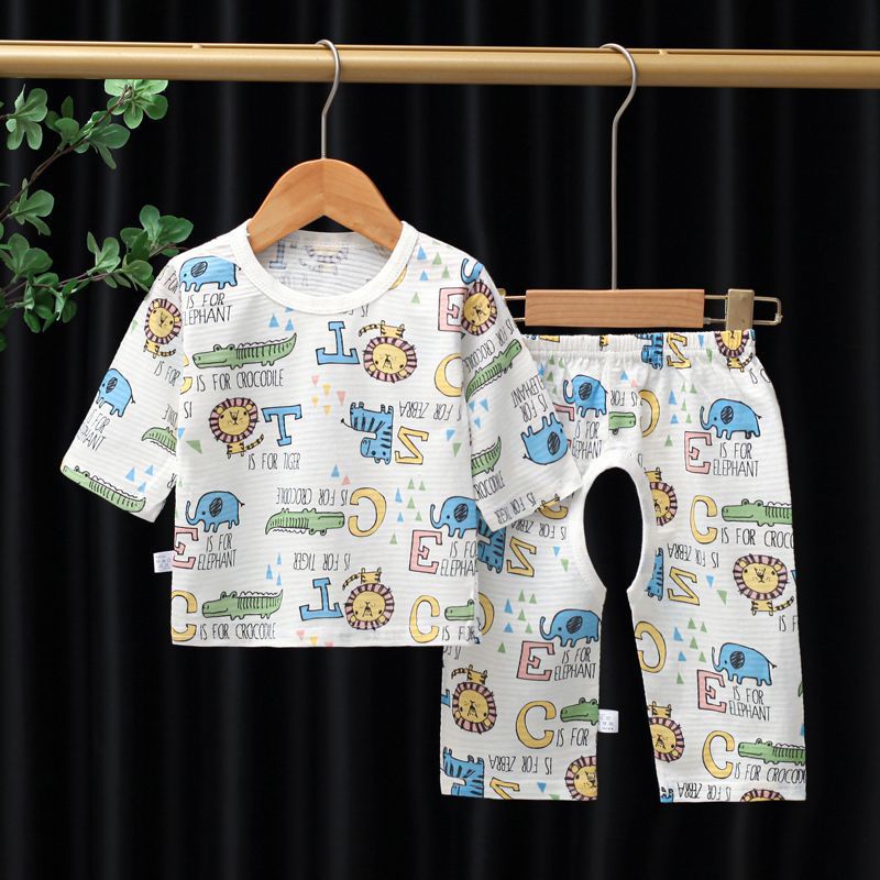 儿童纯棉家居服套装夏天男童睡衣薄款防蚊七分开裆宝宝空调服