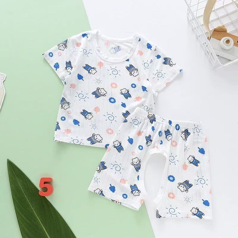 儿童套装夏家居服薄款莫代尔短袖T恤开裆裤套男女童空调服两件套