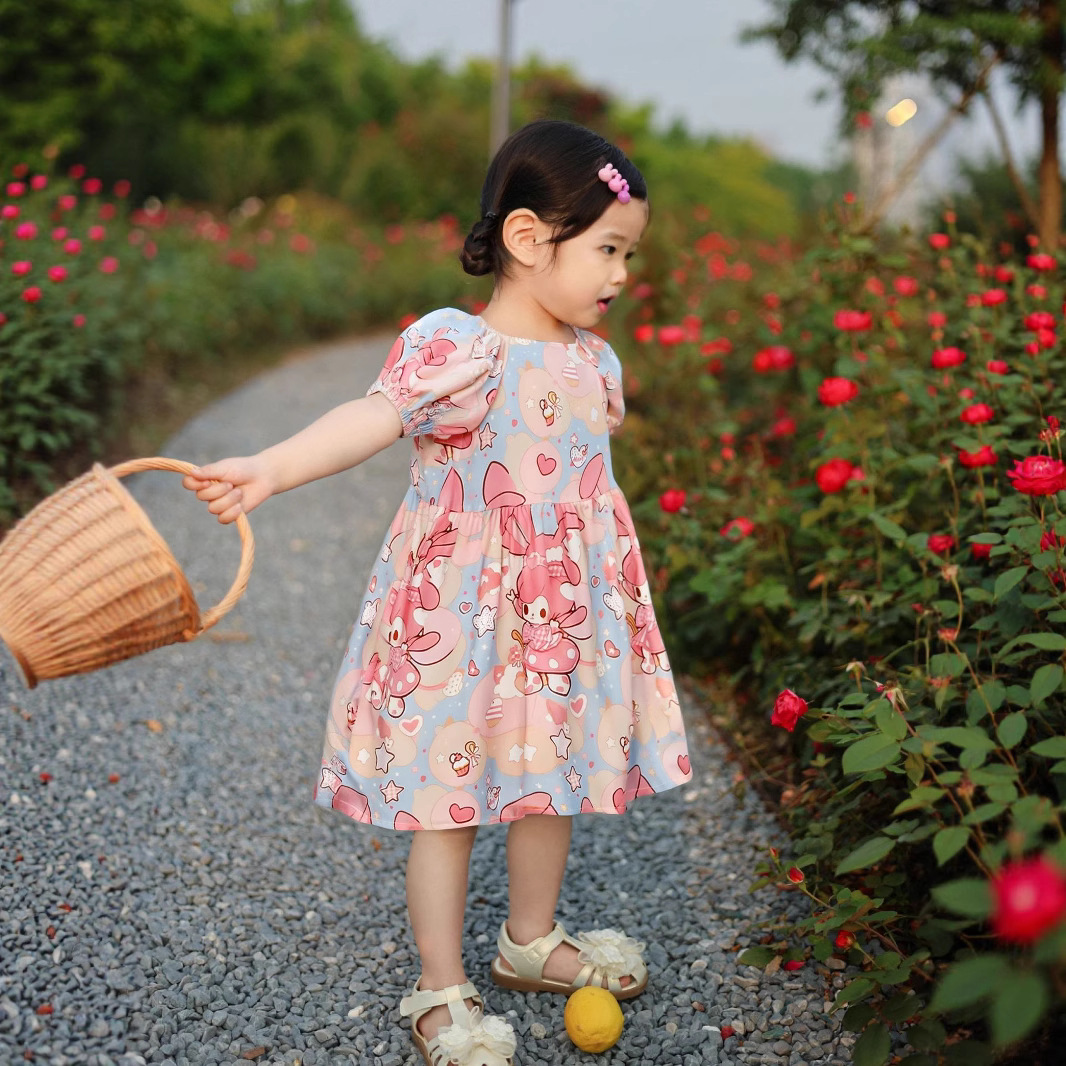 夏季女童连衣裙宝宝棉绸公主裙中大童女孩清凉透气泡泡袖碎花裙