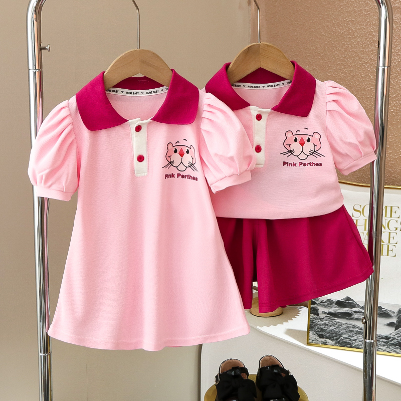 女宝宝洋气polo领夏装连衣裙姐妹装女童夏季短袖套装2025新款潮