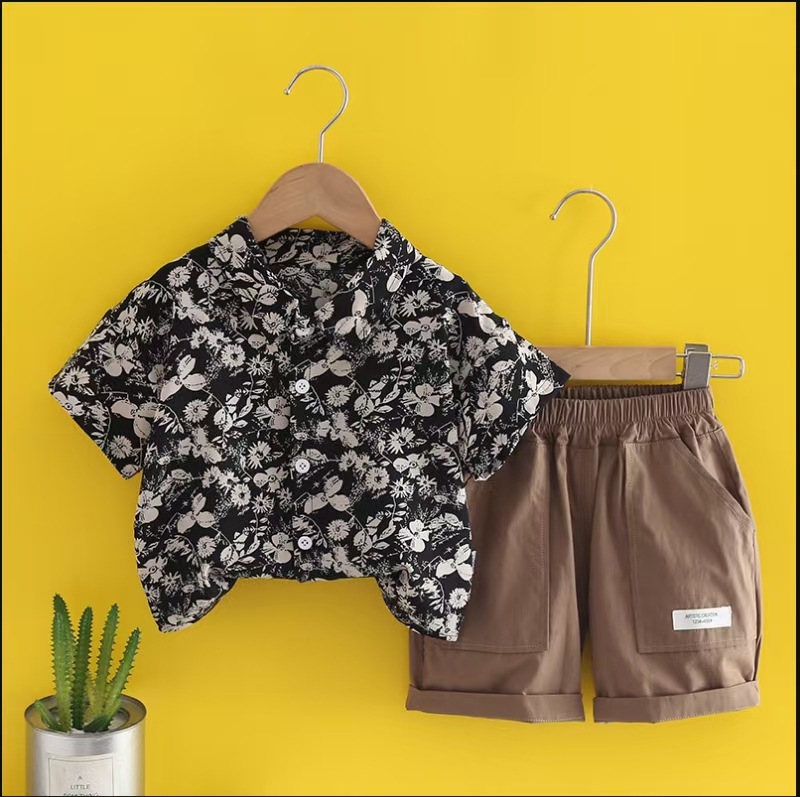 男童夏季短袖套装2025新款儿童装痞帅冰丝衬衫宝宝潮酷薄款两件套