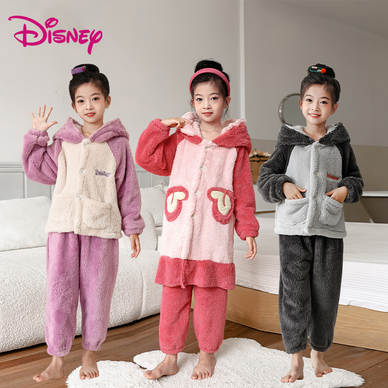法兰绒中长款连帽女童睡衣加绒保暖男童冬珊瑚绒中大童家居服套装