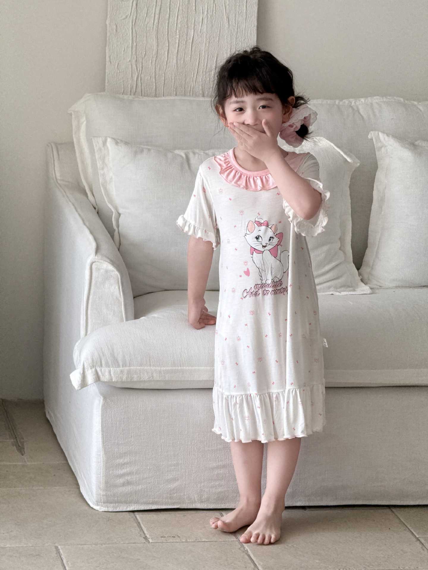 定制儿童睡裙女夏女大童睡裙童装连衣裙荷叶领宝宝裙子洋气高级感