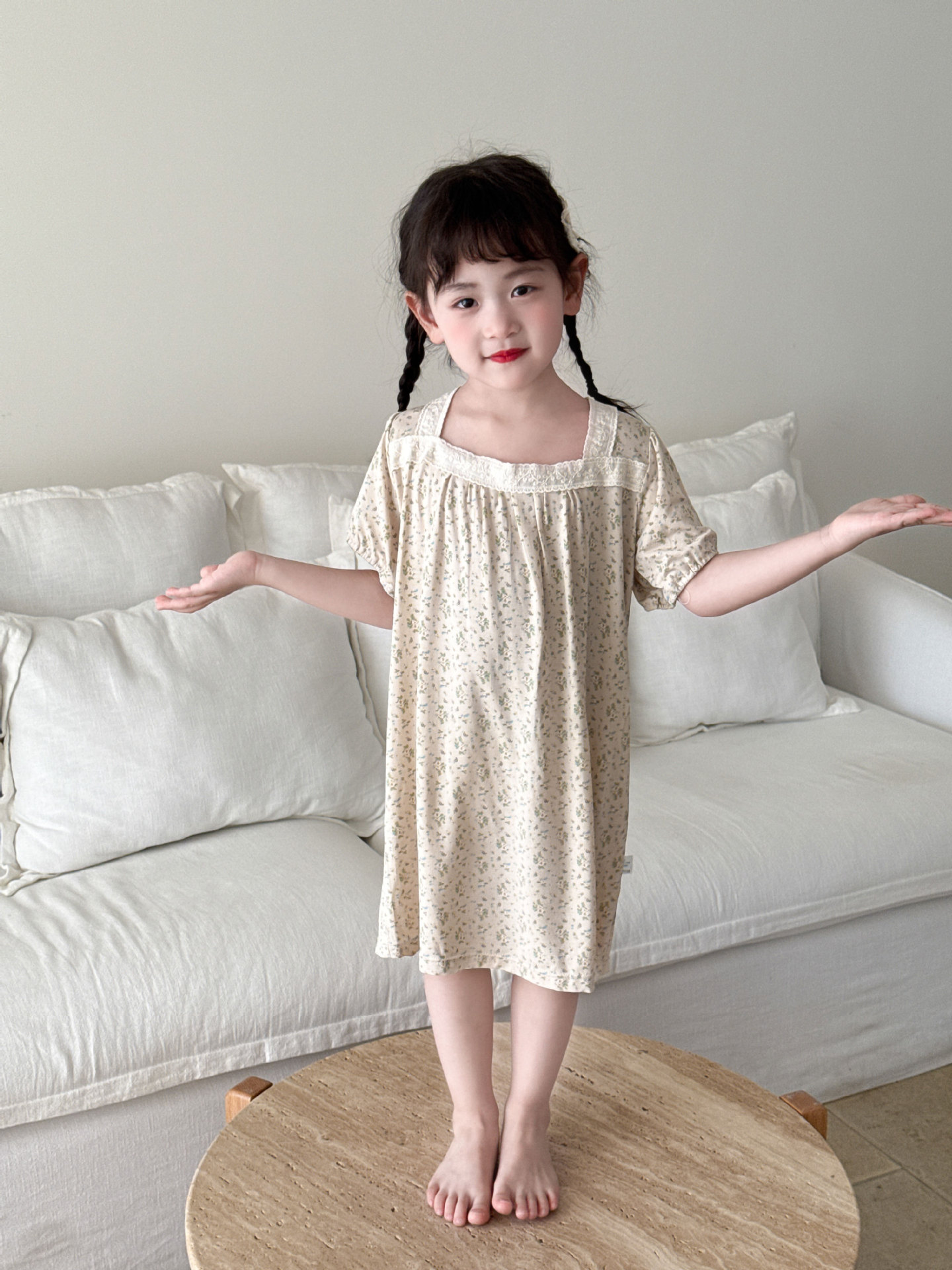 莫代尔女童睡裙碎花小香风连衣裙A女童休闲家居服宝宝裙子夏新款