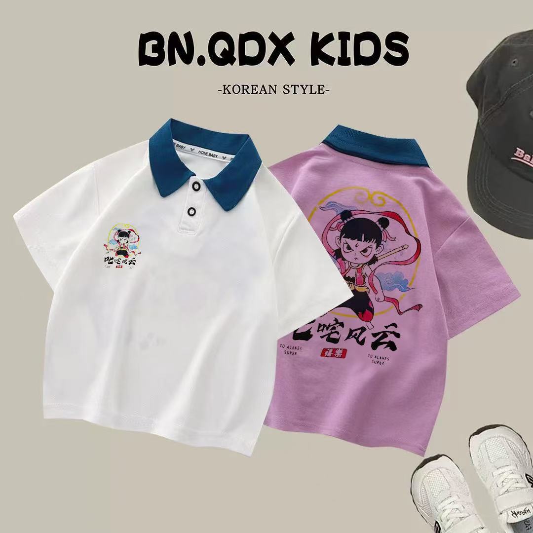 儿童POLO衫夏季卡通哪吒男女童洋气潮童半袖时尚翻领短袖t恤