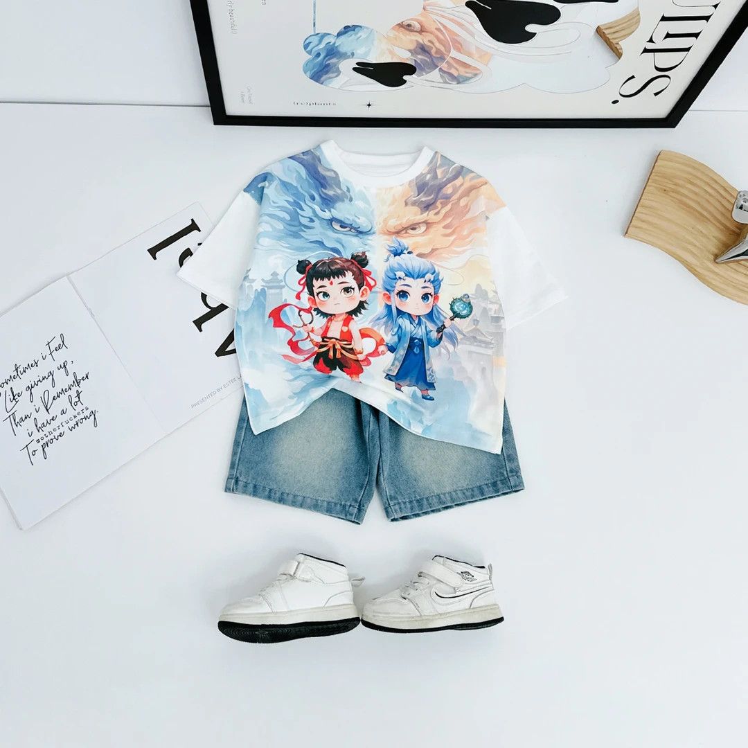 男女童儿童洋气夏季新款2025敖丙T恤纯棉圆领上衣半袖短袖哪吒