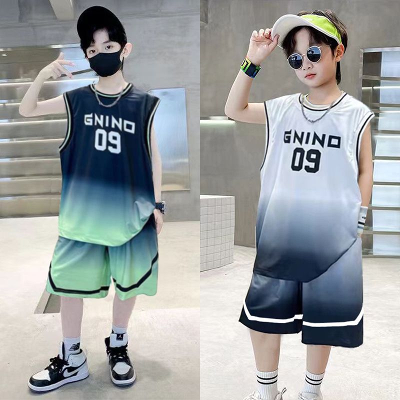 夏季男女童冰丝休闲运动套装中大童背心短裤两件套渐变无袖