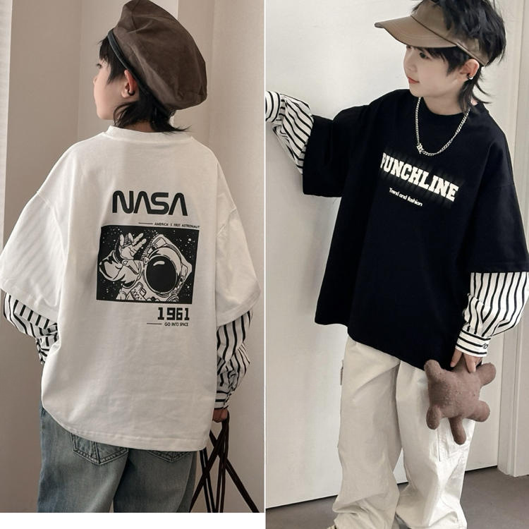 男潮流韩版童装2024春儿童潮酷拼接假两件卫衣中大童套头长袖T恤