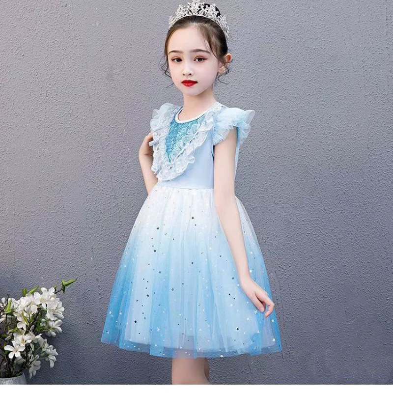 夏季新款女童短袖洋气艾莎连衣裙8岁冰雪奇缘2超仙爱莎公主裙