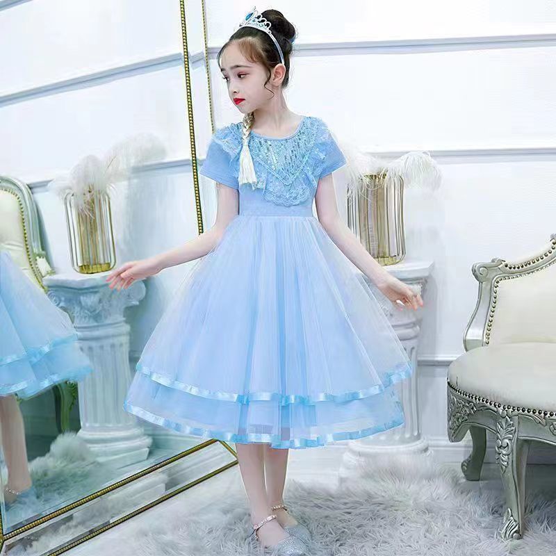 3女童童装夏季新款女童洋气圆领亮片连衣裙8儿童公主短袖潮流裙子