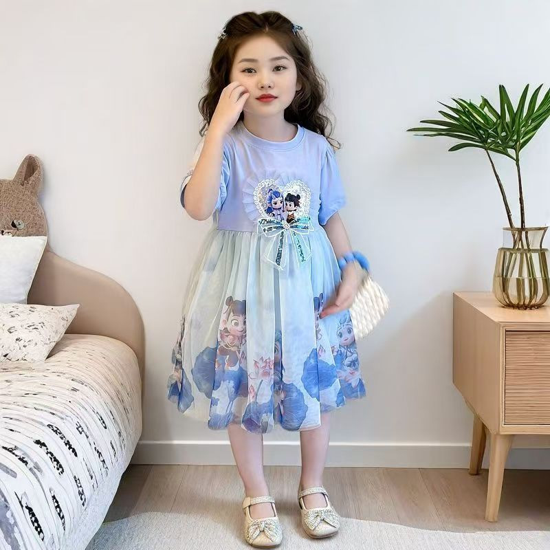 女童夏季网纱连衣裙2025新款儿童卡通哪吒表演裙子宝宝生日公主裙