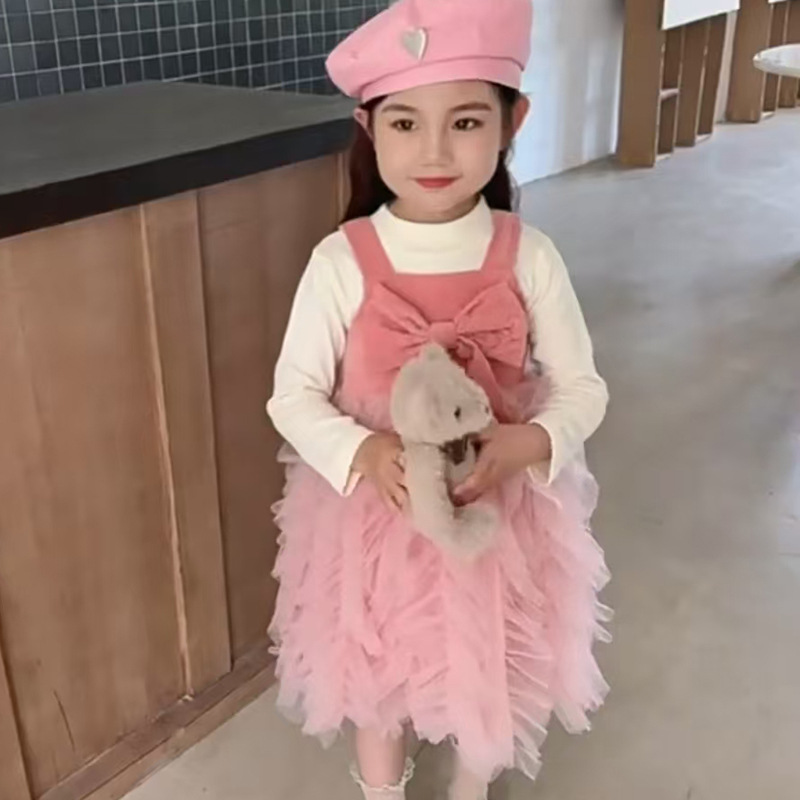 女童连衣裙套装2024新款洋气长袖针织蝴蝶结网纱裙子公主裙假两件