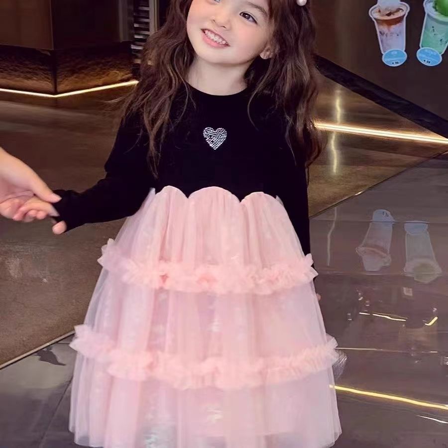 女童连衣裙秋装2024新款小女孩法式网纱拼接洋气儿童公主裙打底裙