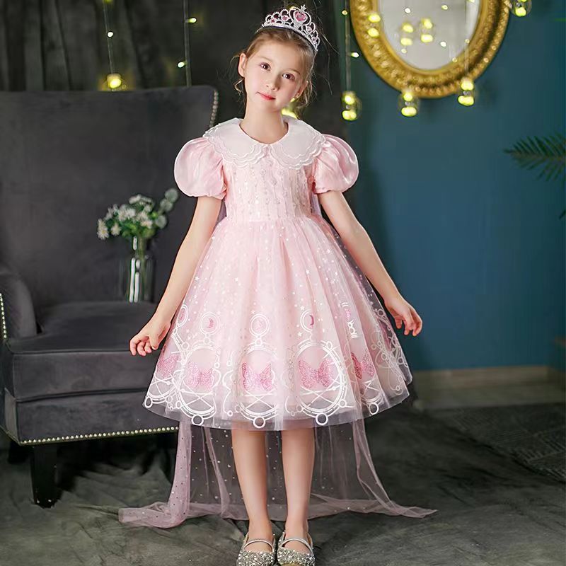 女童印花连衣裙套装夏季新款连衣裙女宝时尚中长式泡泡袖公主裙