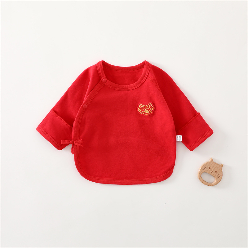 四季款新生儿半背衣满月服大红色A类无骨100%纯棉月子服打底衣