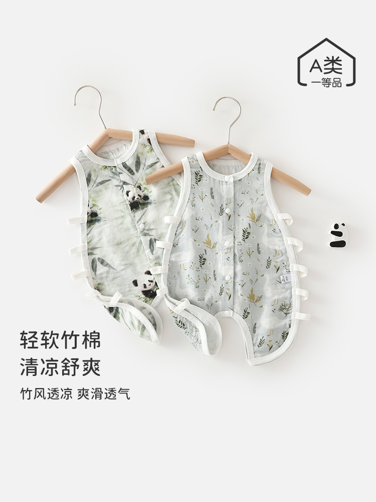 新生儿夏季琵琶纱布连体衣宝宝夏天薄款无袖竹棉连体婴儿透气背心