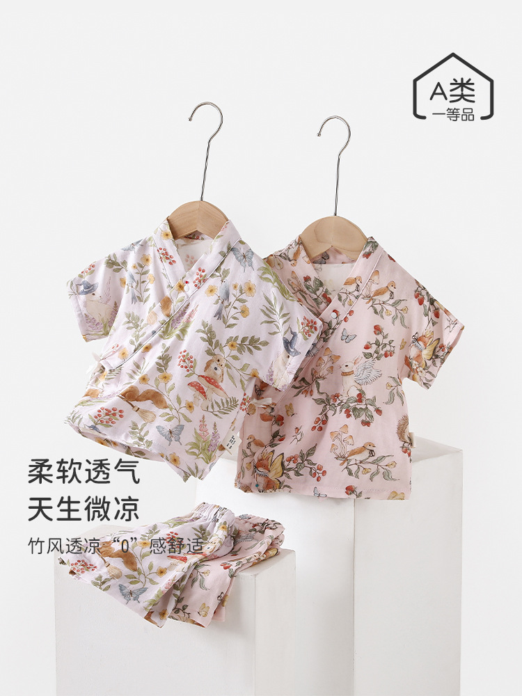 婴儿夏季短袖纱布套装宝宝薄款透气短袖短裤套儿童可爱分体外出服