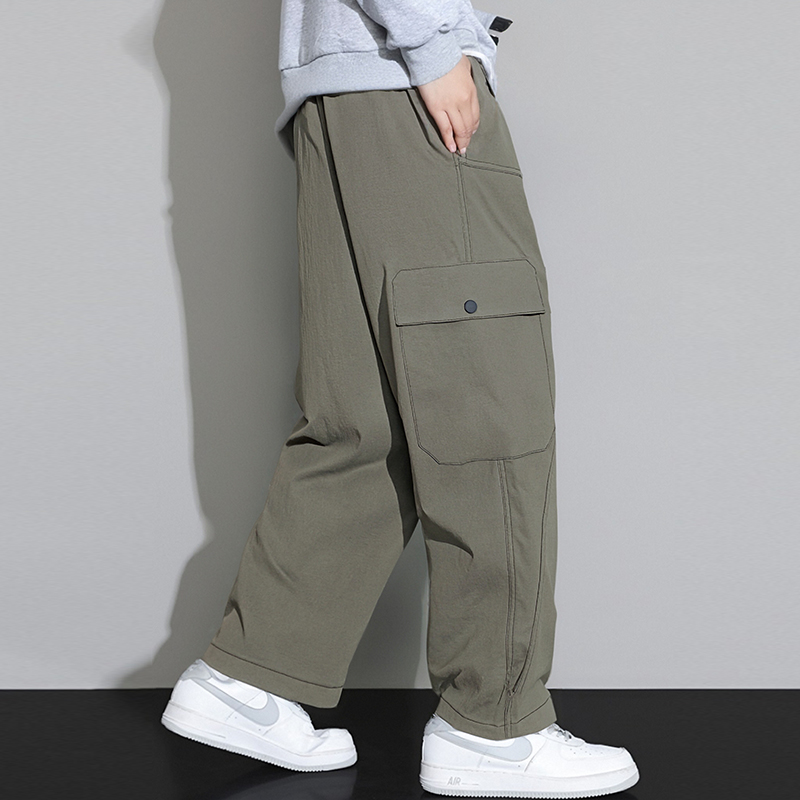 休闲裤子男夏季款日系潮流条纹拼接运动直筒裤宽松阔腿拖地工装裤