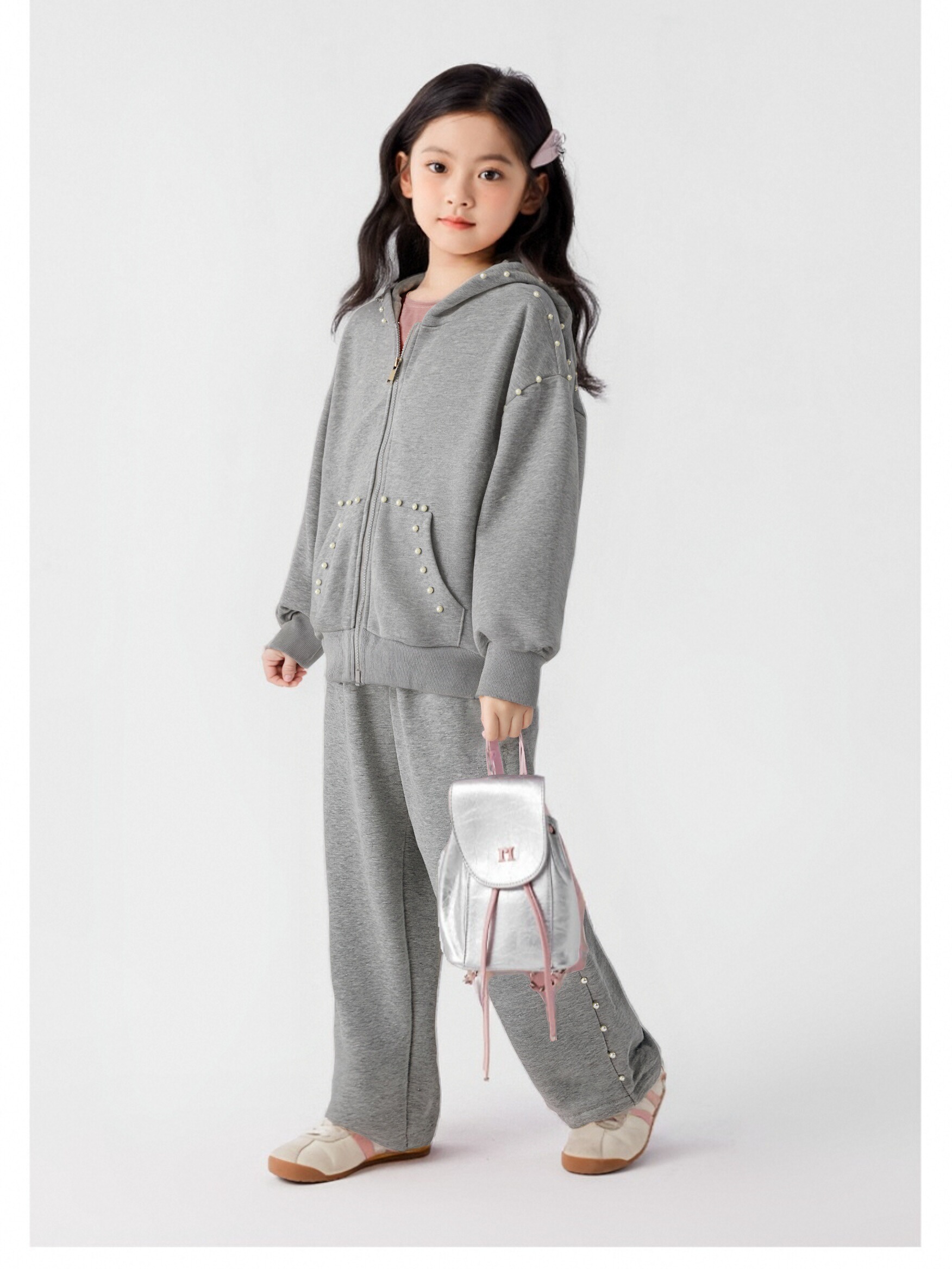 女童套装秋装2025新款儿童秋季运动洋气两件套女孩卫衣珍珠细闪开衫