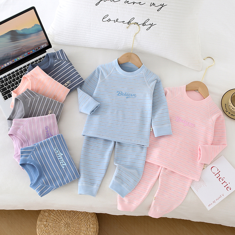 儿童条水墨条纹插肩字母保暖内衣套装男女童家居服秋衣秋裤睡衣