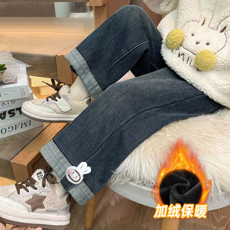 女童秋冬牛仔裤新款中小童女孩冬季加绒一体绒冬季女童加绒牛仔裤
